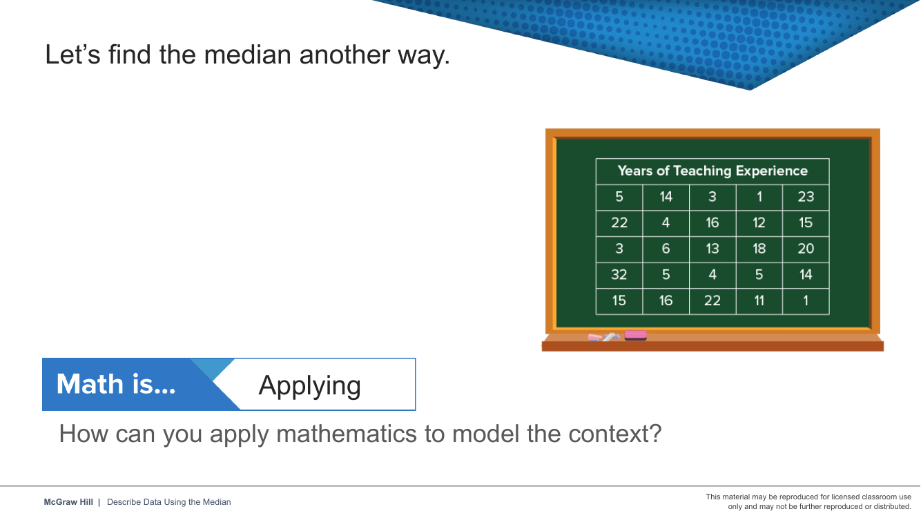 Reveal slide 2 — Math is Applying — find the median another way.